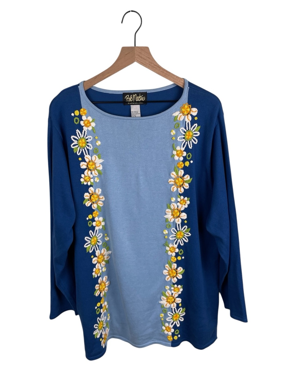Bob Mackie Wearable Art Blue Sweater Embroidered Daisy Flowers Size 1X Cottage